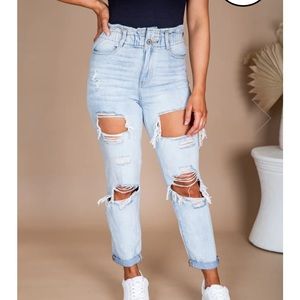 PINK LILY KRISTEN PAPERBAG WAIST LIGHT WASH DISTRESSED MOM JEANS SIZE 5/26